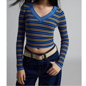 BDG Blue and Yellow Addison V Neck Ribbed Knit stretch shirt size Medium Y2K